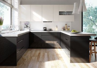 Küche U-Küche weiß / schwarz grifflos Glanz - Soft Close - individuell stellbar