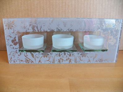 Teelichthalter für 3 Teelichter Glas mit grauem Blumendruck ca. 25 cm breit