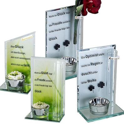 Formano Teelicht Leuchter + Vase Glück Rose Blume Spiegel grün Klee Blatt NEU