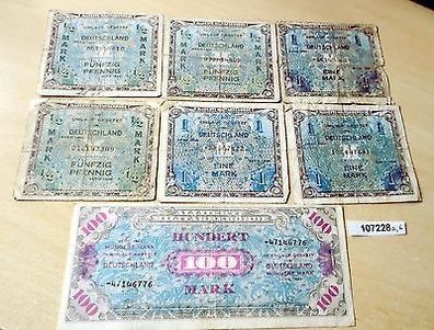 7 Banknoten 3 x 1/2, 3 x 1, 100 Mark alliierte Besatzung 1944
