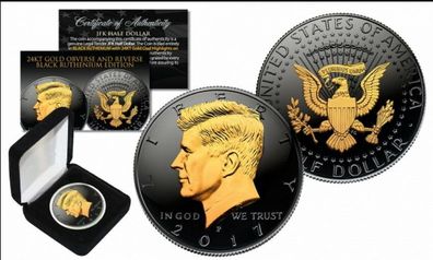 John F. Kennedy JFK Half Dollar Black Ruthenium Gilded mit Box & Zertifikat