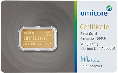 Umicore 5 Gramm 999.9 Goldbarren in Blister mit Zertifikat Feingold Edelmetalle