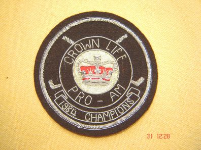 Badge Aufnäher Bouillonstickerei Filz braun "Crown Life Pro-AM 1984 Champions" 10cm