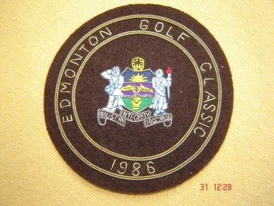 Badge Aufnäher Bouillonstickerei Filz braun "Edmonton Golf Classics 1986 " 10cm