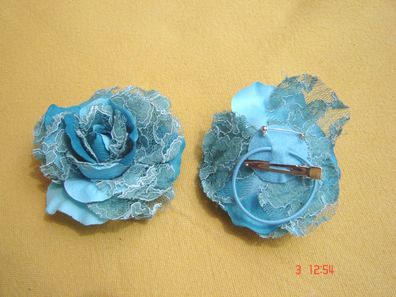 Ansteckblüte Rose mit Spitze in Farbe türkis auch Haarklammer oder Armband 10cm Z p