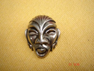 schöne Brosche Metall wie afrikanische Holzmaske silberfarben 3,5cm hoch