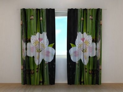 Fotogardine weiße Orchideen und Bambus Vorhang bedruckt Fotovorhang nach Maß