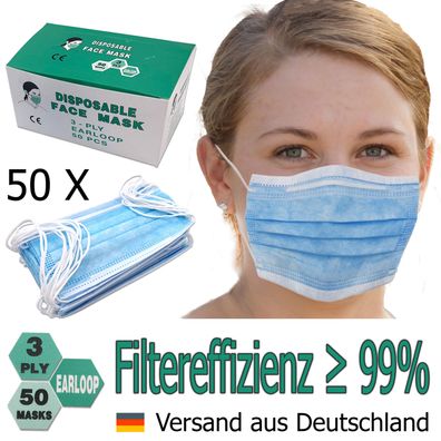 50 x Mund-Nasen-Bedeckung Maske EN 14683 Typ II Bakterielle Filtereffizienz 99%