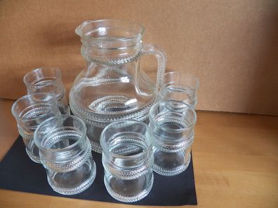6 Becher + Karaffe Kanne Saftkanne aus Glas klar mit Relief / Ca. 2L