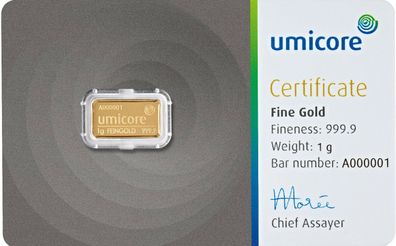 Umicore 1,0 Gramm 999.9 Goldbarren in Blister mit Zertifikat Feingold