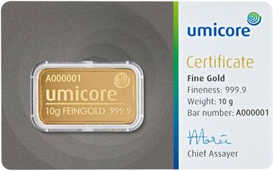 Umicore 10 Gramm 999.9 Goldbarren in Blister mit Zertifikat Feingold Edelmetalle