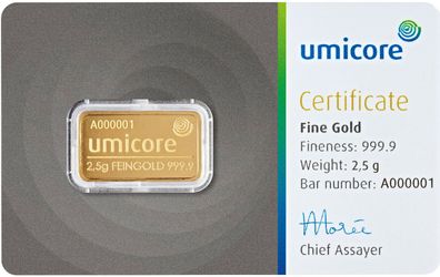 Umicore 2,5 Gramm 999.9 Goldbarren in Blister mit Zertifikat Feingold