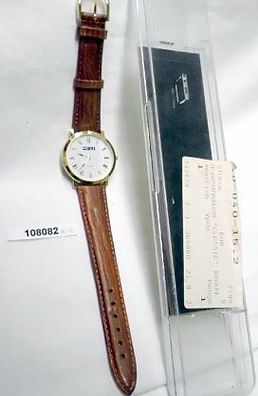 hübsche vergoldete Quartz Herren Armbanduhr Marke BTI mit Lederarmband im Etui