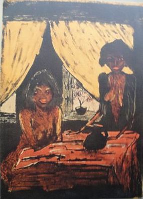 Zigeunermappe Otto Mueller: Zwei halbwüchsige Zigeunermädchen in der Hütte am Tisch