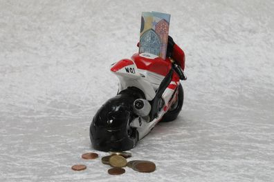 Spardose Motorrad Bike Rennmaschine Sparbüchse Geldgeschenk Geldbox rot weis