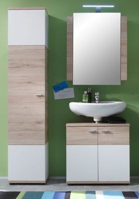 Bad Möbel Set weiß und Eiche San Remo Badezimmer 3-tlg mit Spiegelschrank Campus