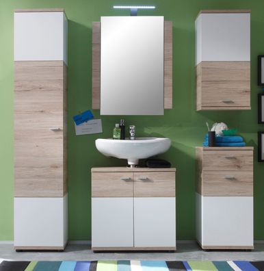 Badmöbel komplett Set Campus Eiche weiß mit Spiegelschrank Badezimmer Set 5-tlg