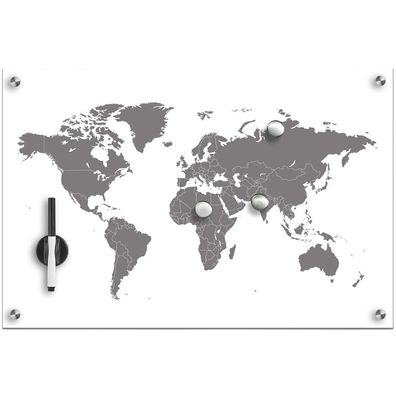 ZELLER, Memoboard, Magnettafel "Worldmap" + 3 Magnete Glas,60 x 40 x 1 cm
