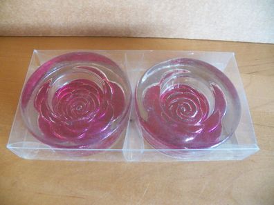 2 Teelichthalter aus Glas schwer mit Rosenmuster rosa
