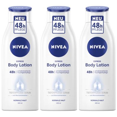 19,63EUR/1l 3 x Nivea Express Body Lotion 400ml Flasche 48h schnell einziehend