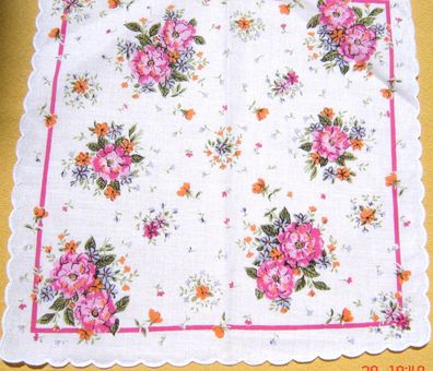 Taschentuch Dirndl Rosen Taschentuch Baumwolle weiß mit pink 28x28 cm Bogerlrand