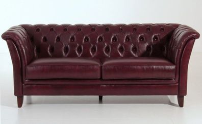 Sofa Couch 2,5-sitzig Leder Wischleder rot Chesterfield England Knopfheftung