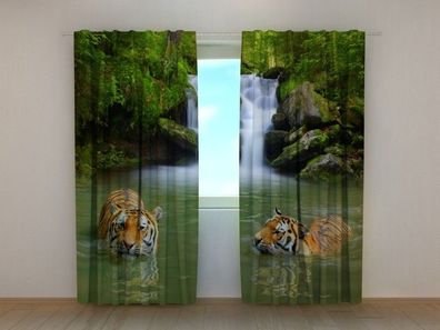 Fotogardine Tiger am Wasserfall Vorhang bedruckt Fotovorhang Gardine nach Maß