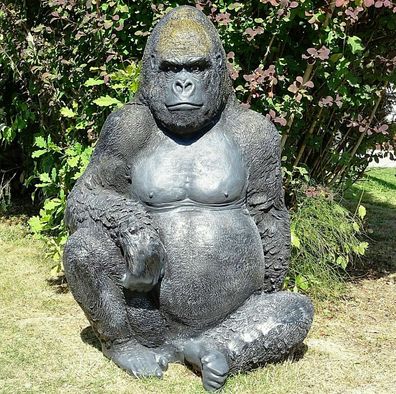 XXL Sitzender Gorilla Lebensgross AFFE Premium Gartendeko Garten-Deko-Figur