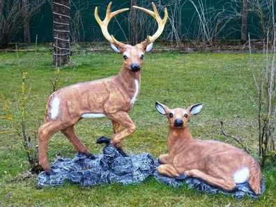 XXL HIRSCH + REH PAAR AUF FELSEN 115cm lebensgross Premium Garten Deko Figur WILD