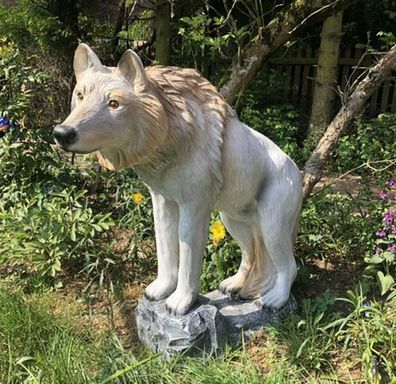 XXL Premium Wolf auf Felsen 100cm lebensgross Garten Deko Figur inkl. Spedition