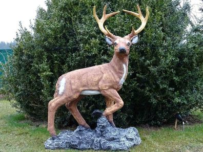 XXL HIRSCH AUF FELSEN 115cm Premium Garten Deko Figur Dekoration WILD DEKO