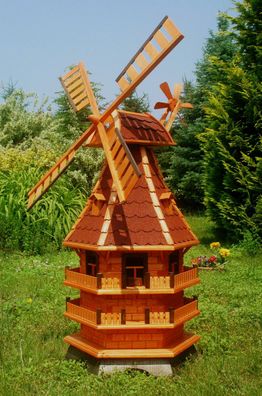 XXL Premium Solar Windmühle 3-stöckig 140 cm Holz Bitum rot kugelgelagert Garten