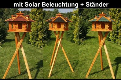 XXL Premium Vogelhaus mit Solar Beleuchtung + Ständer 135 cm hoch Vorratsfütterung