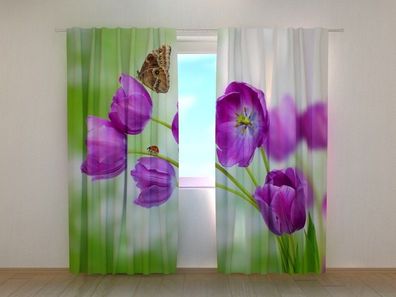 Fotogardine Tulpen und Schmetterling Vorhang bedruckt Fotovorhang Gardine nach Maß
