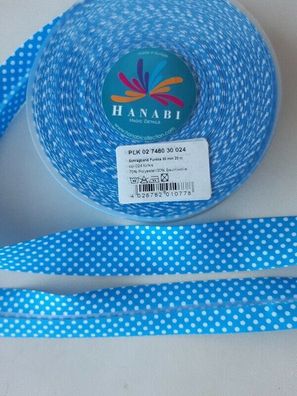 Hanabi: Schrägband, Pünktchen türkis-weiß, gefalzt 30 mm breit, Meterware