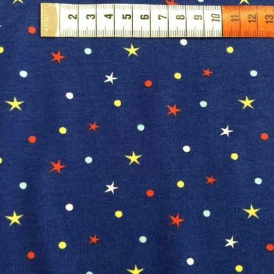 Meterware, ab 0,5 m: Baumwolljersey, Sterne, blau-bunt, 150 cm breit