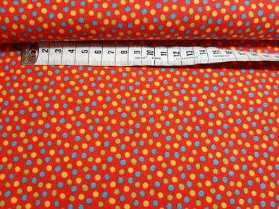 Meterware, ab 0,5 m: Dekostoff Tupfen rot-bunt, 150 cm breit, reine Baumwolle