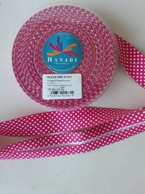 Hanabi: Schrägband, Pünktchen pink-weiß, gefalzt 30 mm breit, Meterware