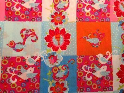100 x 145 cm: STENZO Baumwolldruck "Patchwork" Blumen + Vögel