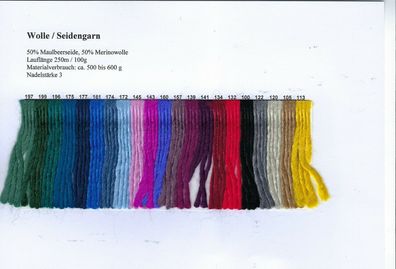Farbkarte mit Orignal Wollmustern von Merino - Seiden - Garn, in 21 Farben