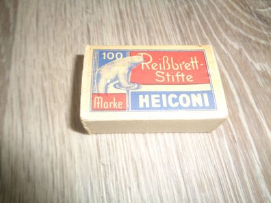 alte Schachtel mit Reißzwecken--Reißbrett-Stifte - Marke Heiconi mit Füllung