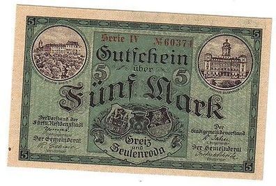 5 Mark Banknote Groß-Notgeld der Städte Greiz Zeulenroda 1918