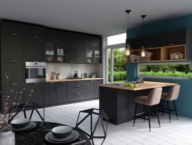 Küche Küchenzeile schwarz matt mit Inselschränke - individuell stellbar - Soft Close
