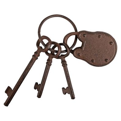 Deko Schlüsselbund mit Schloß, 3 Nostalgie Schlüssel und ein Schloß am Ring
