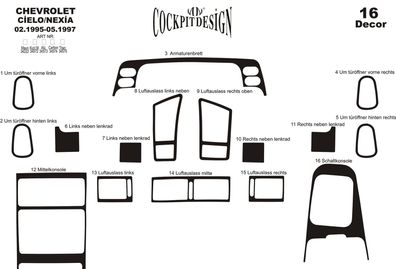 3D Cockpit Dekor für Chevrolet CIELO / NEXIA Baujahr 1995-1997 16 Teile