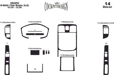 3D Cockpit Dekor für Isuzu D-Max 4x2 Baujahr 01/2005-12/2006-14 Teile