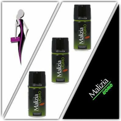 Malizia Uomo Vetyver deodorant 150ml bodyspray grün Deo Duft 3x Set