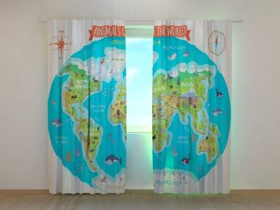 Fotogardine Weltkarte für Kinder Vorhang bedruckt Fotodruck Fotovorhang auf Maß