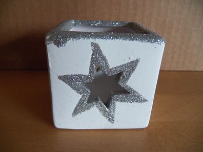 Windlicht Teelichthalter aus Keramik Sternenmuster weiß/ silber Würfel