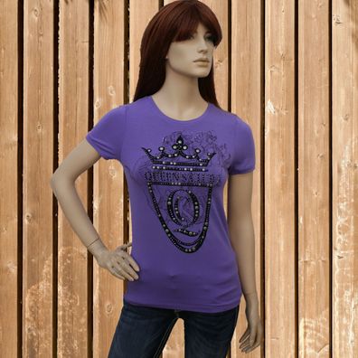Queen´s Club Damen Shirt, Jersey T-Shirt mit Strass, Kurzarm Shirt, Flieder, L
